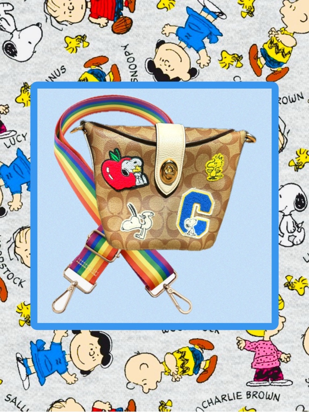 Coach X Peanuts Addie Signature Crossbody with Rainbow Strap Varsity Patches